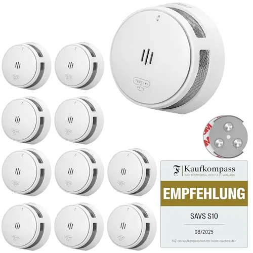 SAVS S10 Stand-Alone-Rauchwarnmelder - Integrierte 10-Jahres-Batterie - Optischer Doppelsensor - Fernbediente Mute-Funktion - Magnetische Montage ohne Bohren - Schlankes Design - Weiß - 10er Set
