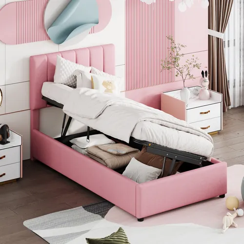 Stauraumbett mit Bettkasten und Lattenrost (90x200 cm) - Höhenverstellbares Polsterbett in Rosa - Praktisches Stauraumbett mit Lattenrost und höhenverstellbarem Kopfteil. Der Bettkasten ist von beiden Seiten zugänglich und bietet zusätzlichen Stauraum. Hochwertige Verarbeitung aus Massivholz und MDF.