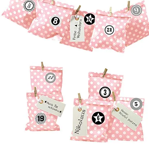 Frau WUNDERVoll® DIY Adventskalender zum Befüllen Bescherung, rosa - weiße Punkte Papiertüten 13x16,5cm, Ziffern grau/Weihnachten Aufkleber Advent Kalender Kinder Geschenkbeutel