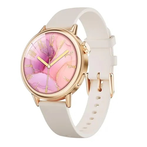 TOOBUR Smartwatch Damen Klein, 37mm AMOLED-Display Schrittzähler Uhr Rund, Smart Watch Android und iOS Kompatibel, Fitness Uhr mit Herzfrequenz- und Kalorienmonitor, Beige