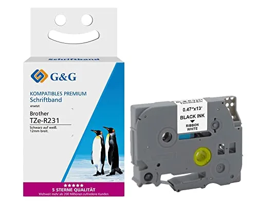 G&G Schriftband Kompatibel zu Brother TZe-R231 Seiden Schriftband für Brother P-Touch (12mm x 4m, Schwarz auf Weiß)