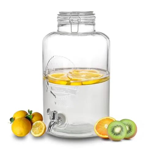 XXL Getränke Spender mit Zapfhahn - 8 Liter Glasbehälter - Kühler & Wasserspender für Trinkwasser, ideal für Partys oder Veranstaltungen, mit robustem Glas und praktischem Bügelverschluss für frische Getränke.