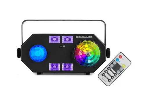 Showlite MEL-4 Multi-Effect-Light - Licht- und Effektgerät mit Strobe-, UV-, Magicball- und Waterfallfunktionen, ideal für Partykeller und Eventlocations, einfache Steuerung per IR-Fernbedienung.