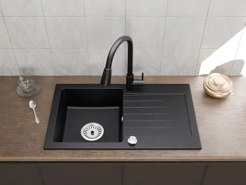 Faizee Granitspüle 75 x 44 cm Schwarz Gesprenkelt – inklusive Armatur Wave in Schwarz – eckige Einbauspüle aus Granit – beidseitig montierbar, kratzfest, hitzebeständig – modernes Spülbecken