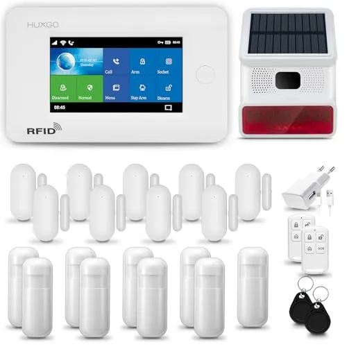 HUXGO® HXA006 Alarmanlage Haus WiFi + GSM 4G mit Solar-Funksirene | Alarmanlage Wohnung mit App. TUYA | Alarm System mit 9X Bewegungsmelder, 9X Tür- Fenstersensor| Wohnmobil Alarmanlage