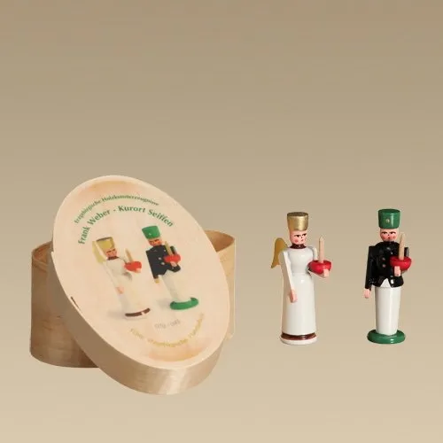 Rudolphs Schatzkiste Holzdekoration Spanschachtel Engel und Bergmann - Weihnachtlicher Zierschmuck, handgefertigte Spanschachtel aus dem Erzgebirge mit filigranen Figuren, ideal als Tischdekoration oder festliches Geschenk.