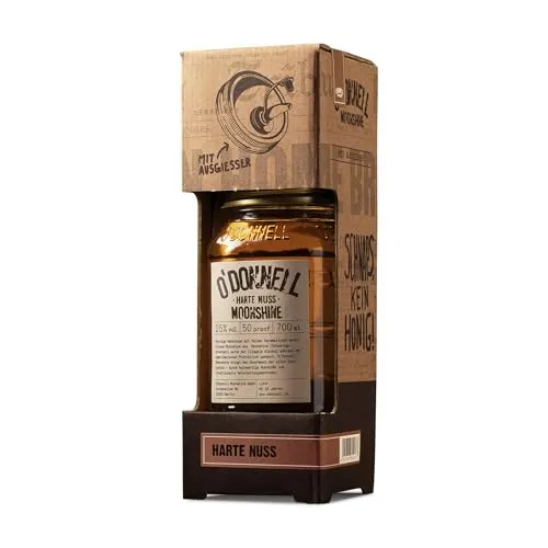 O'Donnell Moonshine Haselnusslikör Harte Nuss Geschenkset (+ Ausgießer) – Nuss Likör mit Whiskey & Karamell Geschmak (700ml) in Original Mason Jar – 25% Premium Spirituose Made in Berlin