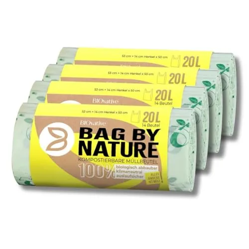 BIOvative PRODUCTS 20L Biomüllbeutel mit Henkel | 56 Müllbeutel, 100% kompostierbar, Made in Germany | Reißfeste Bio-Abfallbeutel, klimaneutralisiert & vegan | Nachhaltig für umweltbewusste Haushalte