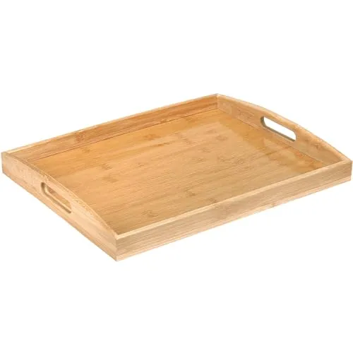 Bambus Serviertablett mit Griffen, Holz Tablett Küchentablett Servierplatte Frühstückstablett für Frühstück, Tee, Couchtisch, Küchen Deko Bett (50 x 35 x 5 cm)