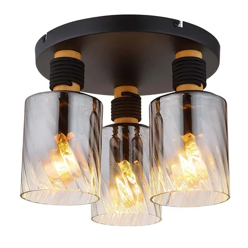Elegante Deckenleuchte mit Rauchglas und Holz, 32 cm - Stilvolle Deckenlampe aus schwarzem Metall und braunem Holz, ideal für gemütliche Wohnräume. Die drei E27-Fassungen ermöglichen individuelle Lichtgestaltung.