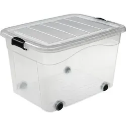 Aufbewahrungsbox 100L - Transparent mit Rädern - Praktische 100L Aufbewahrungsbox mit transparentem Design, ideal für Haushalt und Büro. Inklusive Räder und sicherem Deckel, perfekt zum Sortieren und Lagern von Gegenständen.