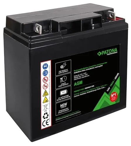 PATONA Premium AGM Blei Akku 12V 18Ah | Zyklenfester Hochleistungsakku über 1800 Ladezyklen | Auslaufsicher, wartungsfrei, geringe Selbstentladung unter 3% | Rüttelfester Aufbau | 180x77x163mm 4,85kg