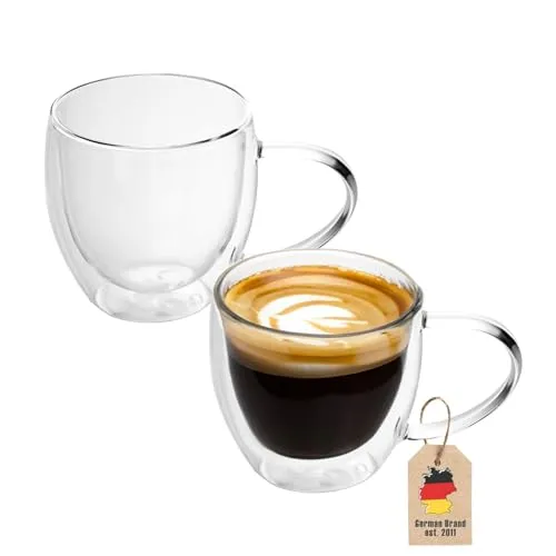 INTIRILIFE 2X Doppelwandige Thermo Gläser Set -200-250ml- Mundgeblasen isoliert für Espresso Cappuccino, Teegläser Kaffeegläser Latte Macchiato Tassen, Schwebeeffekt mit Henkel