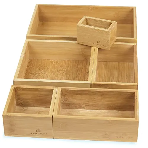 addhome Bambus Schubladen Organizer | 6 Schubladenboxen für vielseitige Anwendungsbereiche | praktisches Schubladen Ordnungssystem individuell kombinierbar