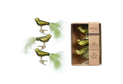 MAGIC by Inge Christbaumschmuck, Christbaumschmuck Vögel auf Clip 4,5cm Glas 3er Set - Green Olives