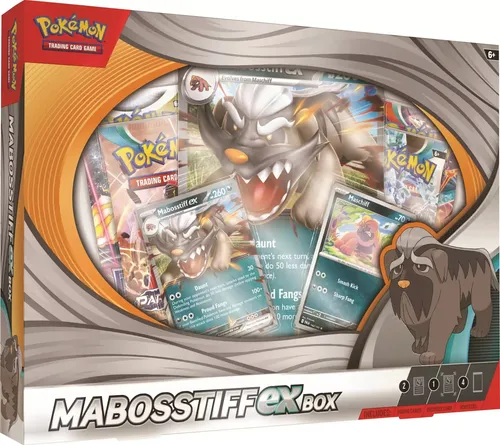Pokemon TCG Mabosstiff ex Box - Starke Pokémon-Strategie - Pokemon Sammelkarten Box mit foil Promo-Karten von Mabosstiff ex und Maschiff, inklusive 4 Booster Packs für spannende Spiele und Strategien!