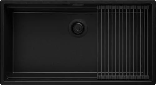 PRIMAGRAN Unterbauspüle Granit Alles Schwarz 86x47cm, Spülbecken 1 Becken + Zuberhor-Set, Granitspüle ab 90er Unterschrank - Praga S343