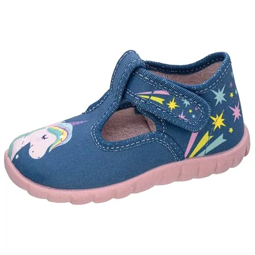 Fischer Kinder Hausschuh blau mit Einhorn - Bequeme Hausschuhe für Kinder, mit rutschfester Sohle und niedlichem Einhorn-Design, ideal für Spiel und Kindergarten.