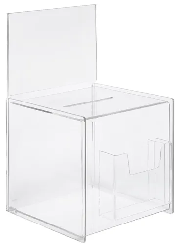 SIGEL VA152 Spendenbox mit Zusatzfach und Einstecktafel - Hochwertige Acrylbox für Gewinnspiele und Aktionen, mit praktischem Zusatzfach für Flyer und 25 Jahre UV-Beständigkeit – ideal für Events!