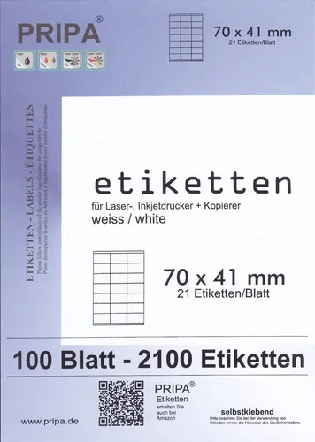Blatt = 2100 Etiketten Format 70 x 41 mm selbstklebend auf DIN A4 von PRIPA 100