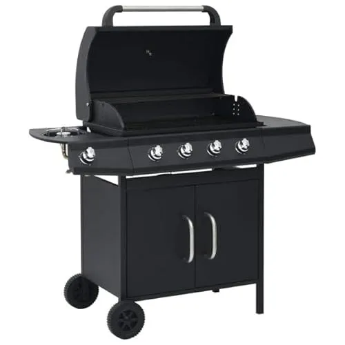 vidaXL Gasgrill 4+1 Flammen Schwarz - Ideal für Grillpartys - Grills: 4 große Kochzonen und 1 Seitenbrenner für perfekte Grillabende im Freien. Stilvolles Design mit integriertem Thermometer und abnehmbarer Fettauffangwanne für einfache Reinigung.