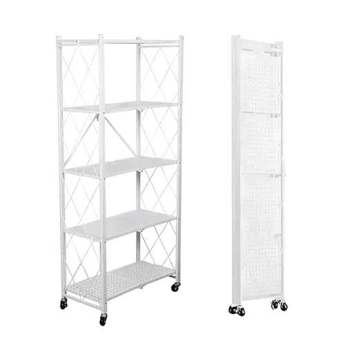 SEVEN COMFORT Klappbares Regal – 5-Etagen Metallregal mit Rädern, 100 kg Tragkraft für Küche und mehr - Standregal mit faltbarem Design und 4 drehbaren Rollen für einfache Mobilität. Ideal zur Aufbewahrung und Organisation in jedem Raum, robust und stabil.