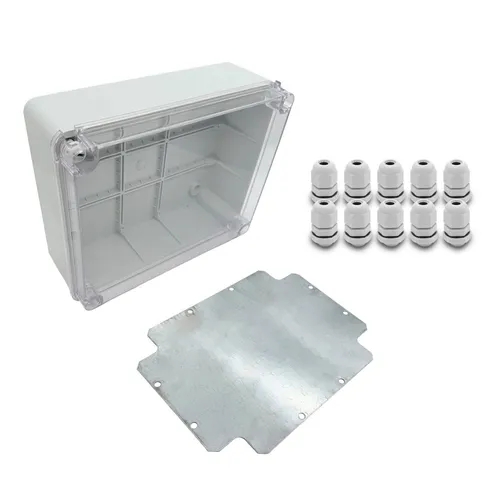 ARLI SET Abzweigdose IP67 mit Sichttür 310x230x130 mm - Verteiler für Elektroinstallationen, inklusive Montageplatte und 10 Kabelverschraubungen. Flexible Kabeleinführungen und praktischer transparenten Deckel erleichtern Montage und Wartung.