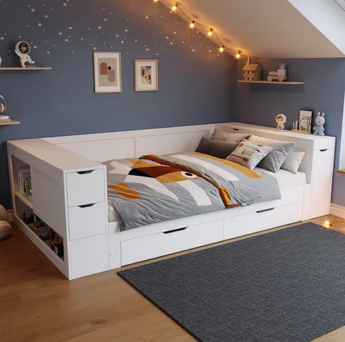 REDOM Holzbett skandinavisches Design (Packung, 1-tlg., 140 x 190 cm, ohne Matratze), mit Schubladen, Regalen und Nachttisch