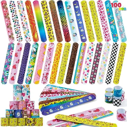 JOYIN Slap Band, 100 Stück Slap Armbänder Super Slap Handgelenke mit bunten Herzen, Tier, Emoji, Party Bag Fillers (30 Designs) Valentine's Party Favors Pack, Easter Basketball Stuffers, 22 cm,