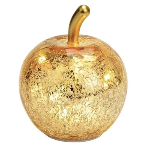 Seyila Home Dekofigur Dekorative Glas Apfel Leuchte mit LED, Crackle-Effekt, Goldener Stiel 11 cm