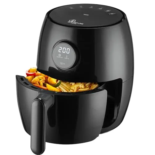 Extralink Heißluftfritteuse 2L 1000W Air Fryer – Kompakt & Energiesparend, 80°C bis 200°C, LED-Touchscreen, Fettfrei ohne Öl, Spülmaschinenfest, 90% Weniger Fett für Gesunde Mahlzeiten