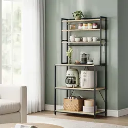 WOLTU 6-stufige Küchenregale, Aufbewahrungsregal mit 6 Haken, Küchenorganisator, Mikrowellenständer, Metall + Holz, 80x40x167 cm, Hell Eiche + Schwarz