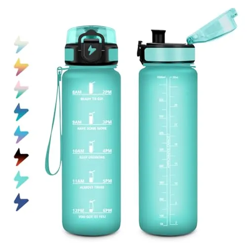Sportflasche 1L, Auslaufsicher Wasserflasche Kohlensäure Geeignet, Trinkflasche mit Zeitmarkierung, Wasserflasche mit Filter, Sport Trinkflasche für Klettern, Büro, Picknick, Sprudel, Wandern