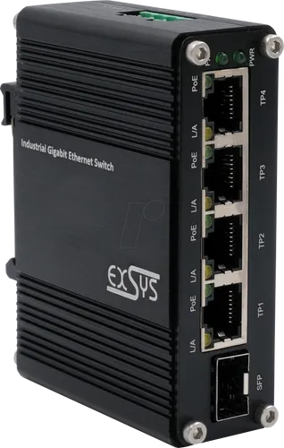 EXSYS EX-62020PS 5-Port Gigabit PoE+ Switch mit SFP - Industrieller 5-Port Gigabit Switch für PoE-fähige Geräte, robustes Metallgehäuse mit IP40, Betriebstemperatur von -40°C bis +80°C, ideal für raue Umgebungen.