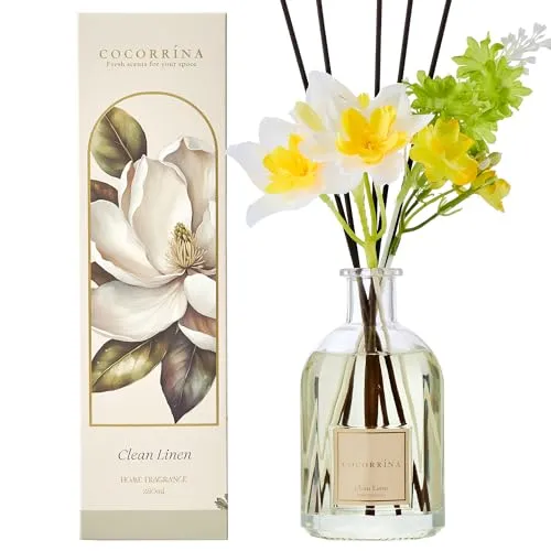 COCORRÍNA Blume Raumduft mit 8 Duftstäbchen 250ml, Clean Linen, Natürlich, Langanhaltend, Home Duft für Wohnzimmer, Schlafzimmer, Badezimmer Regal Dekor