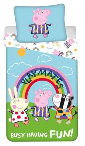 Jerry Fabrics Peppa Wutz Kinderbettwäsche mit Leuchtmotiv - Bettwäsche-Set für Kinder mit Peppa Wutz, Luzie Locke und Zoe Zebra. Größe: 140x200 cm + 70x90 cm. Leuchtet im Dunkeln und sorgt für spannende Träume!