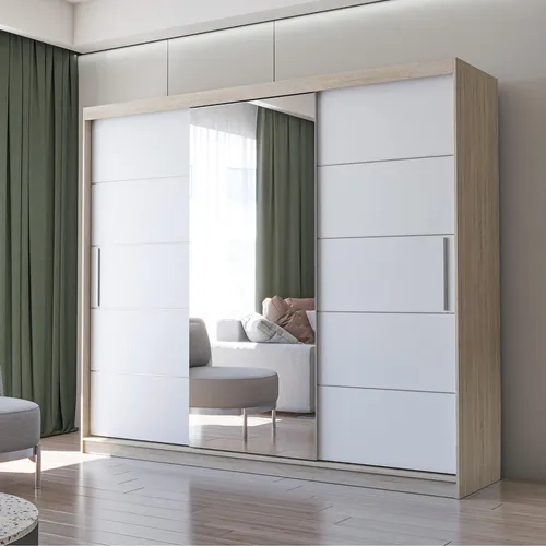 Schwebetürenschrank Alba 250 cm mit Spiegel in Sonoma/Weiß - Geräumiger dreitüriger Kleiderschrank mit Spiegelfront, ideal für stilvolle Schlafzimmer und Ankleidezimmer. Bietet viel Platz für Kleidung und Accessoires.