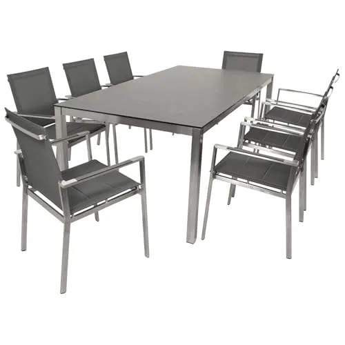 DEGAMO Gartengarnitur Sydney 9-teilig - Esssets für die Terrasse mit 8 stapelbaren Sessel und einem 200x100cm großen Tisch in Keramikoptik - wetterfest und ideal für gesellige Abende im Freien.
