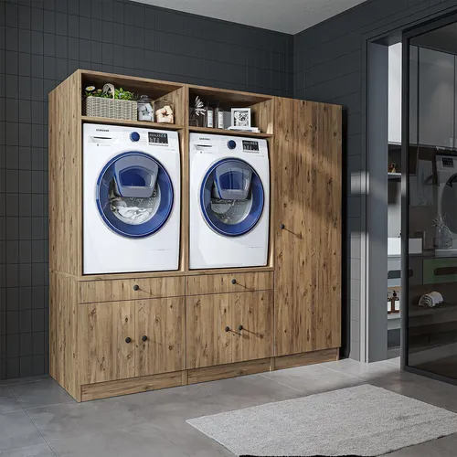 Roomart Schrankwand für Waschküche & Hauswirtschaftsraum, in 3 Farben, 194 cm breit, Mit Ausziehbrett - Weiß - Schwarz eiche