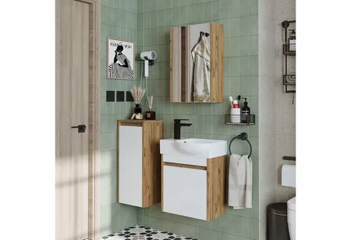 Roomart Badmöbel-Set LEO – Elegantes Badezimmermöbel für Ihr Zuhause - Das Badmöbel-Set LEO überzeugt mit seinem modernen Design in Weiß-Eiche. Ideal für die Wandmontage, bietet es praktische Stauraumlösungen und wertet Ihr Badezimmer oder Gäste-WC stilvoll auf.