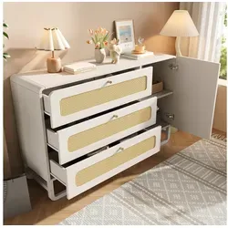 STILVORA Sideboard mit Rattanschubladen,Kommode Aufwahrungsschrank mit Goldgriffen (Kommode, Anrichte, Wohnzimmerschrank, 1 St., mit 3 Schubladen,1 Türschrank, höhenverstellbare Regale), mit Rattan, Goldgriffen, Kippsicherung