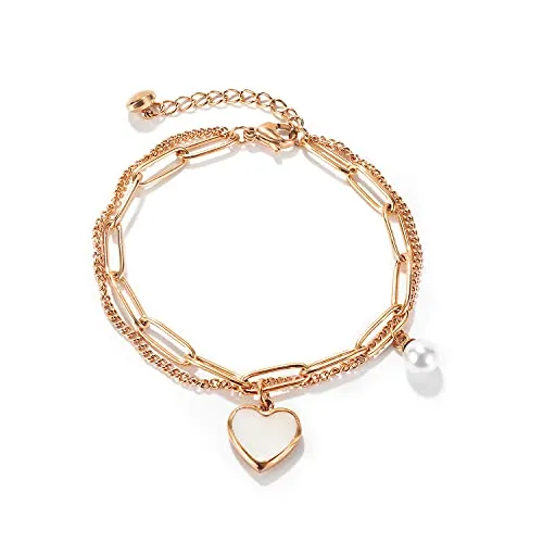 OSTAN Damen Armband Edelstahl Armbänder mit Herz Anhänger (Herz Anhänger roségolden)