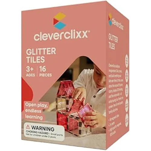 Cleverclixx Glitter Tiles Pack Transparent Rosa - 16 Teile Magnetspielbausteine - Magnetbausteine mit Glitzereffekt für kreative Bauprojekte, fördert STEAM-Fähigkeiten und ist ideal erweiterbar mit anderen Cleverclixx-Sets.