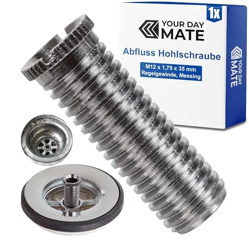 Hohlschraube für Siebkorbventile, M12 x 1,75 x 35 mm, 1 Stück, aus Messing, mit Regelgewinde, für Spülbecken Ventilabläufe mit 1,5