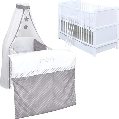 Baby-Delux Babybett Jack 140×70 weiß - Kombiniertes Kinderbett aus massivem Kiefernholz mit höhenverstellbarem Lattenrost, inklusive Schublade und hypoallergener Bettwäsche im süßen Design – ideal für eine sichere und gemütliche Schlafumgebung.