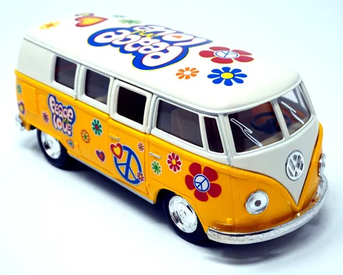 Volkswagen VW Bus T1 Bulli Peace and Love gelb / beige Modellauto Rückziehmotor