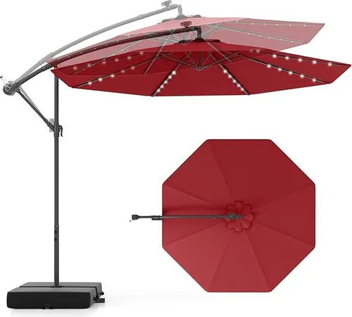 KOMFOTTEU Ampelschirm LED Solar Ø300cm – Sonnenschirm mit Kurbel und Sandsäcken