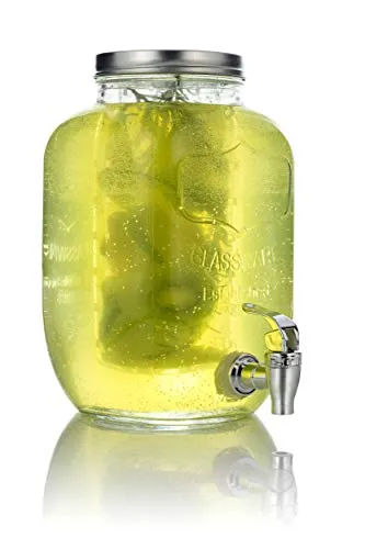 Mary's KITCHEN TOOLS Getränkespender 4 Liter aus Glas - Eisgetränkeautomaten - Stilvoller Getränkespender mit Fruchteinsatz und Zapfhahn, ideal für gesunde Infused Water Kreationen und jede Feier.