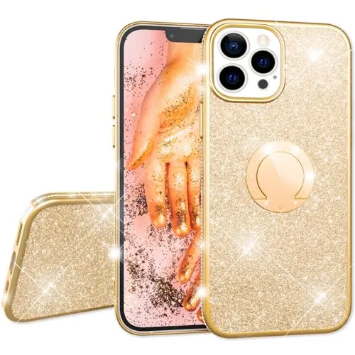NALIA Glitzer Ringhülle kompatibel mit iPhone 13 Pro Hülle, 360-Grad Finger-Halter für Standfunktion & KFZ-Halterung, Glitter Case Stoßfest Silikon Schutzhülle Ring Handyhülle Cover, Farbe:Gold