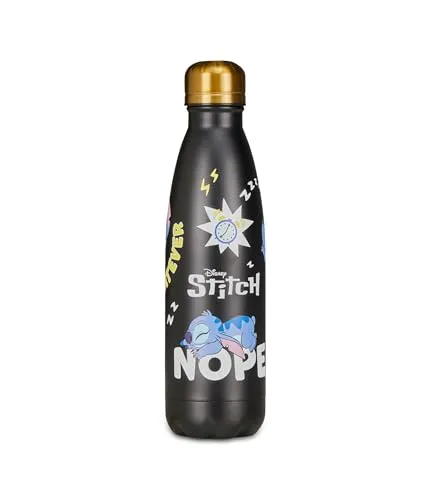 Seven Lilo & Stitch Trinkflasche, Thermosflasche, Wasserflasche, Thermosflasche aus Edelstahl, BPA-frei, 500 ml, Silikondeckel, Kinder, Jungen, Mädchen, Geschenkidee, schwarz